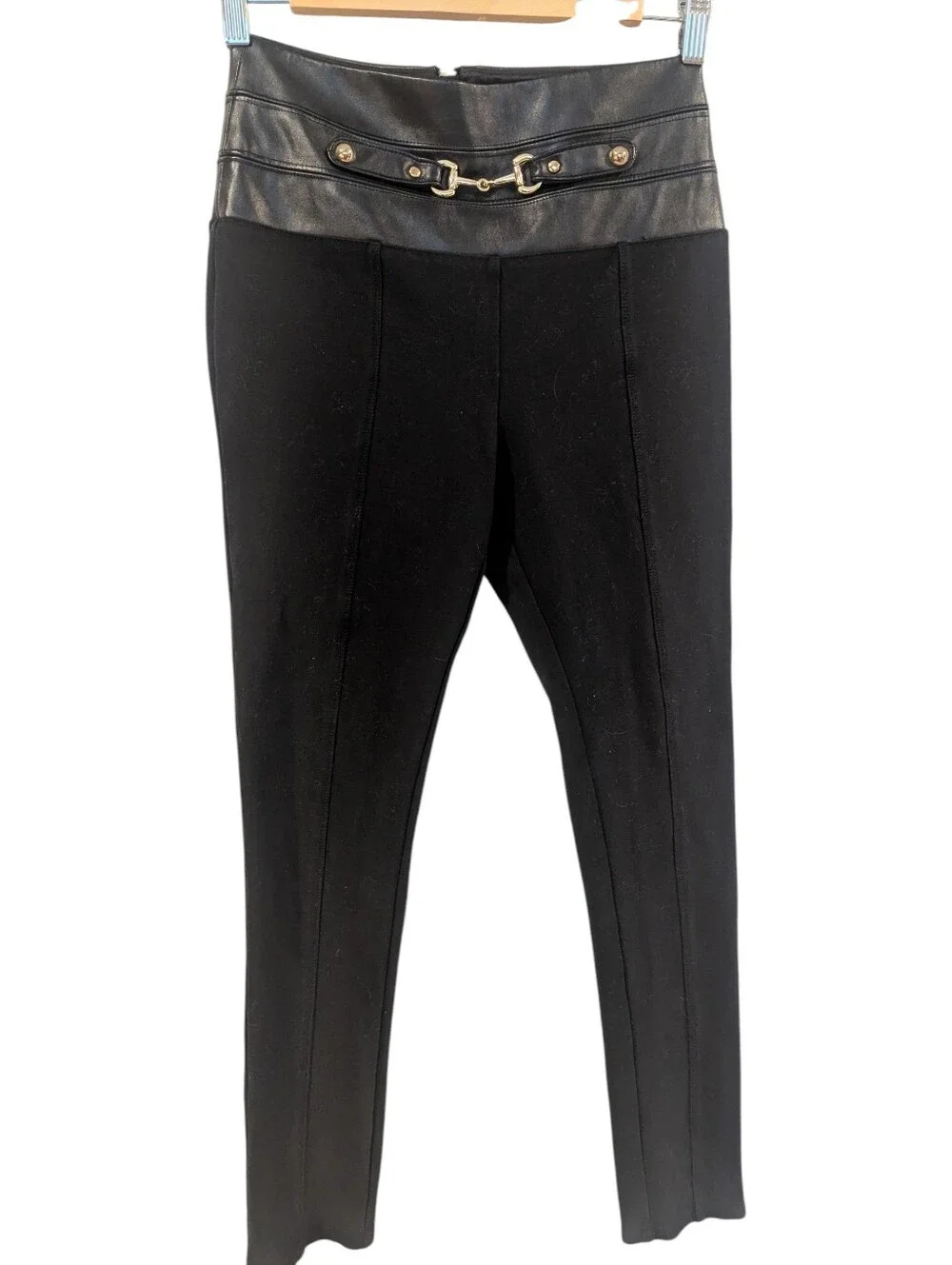 BEBE Black Ponte Leggings with Faux-Leather High Waist & Gold Hardware Small